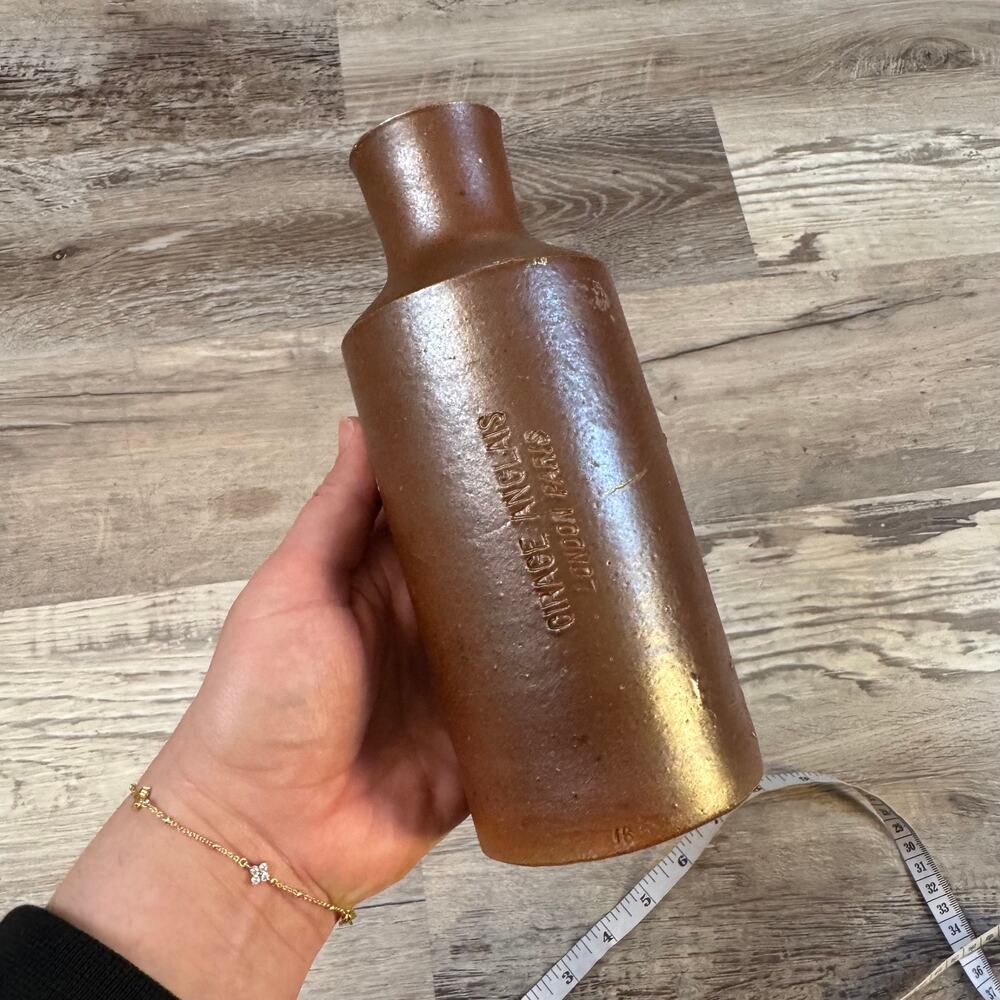 Vintage Antique Garage Anglais Stoneware Advertising Bottle London Paris 8"